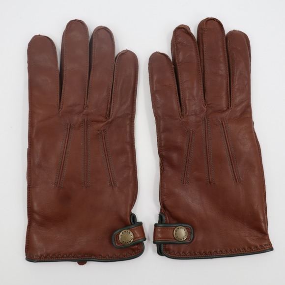 Orvis Mens Brown Genuine Leather Gloves 100% Cashmere Lined Snap Wrist Large